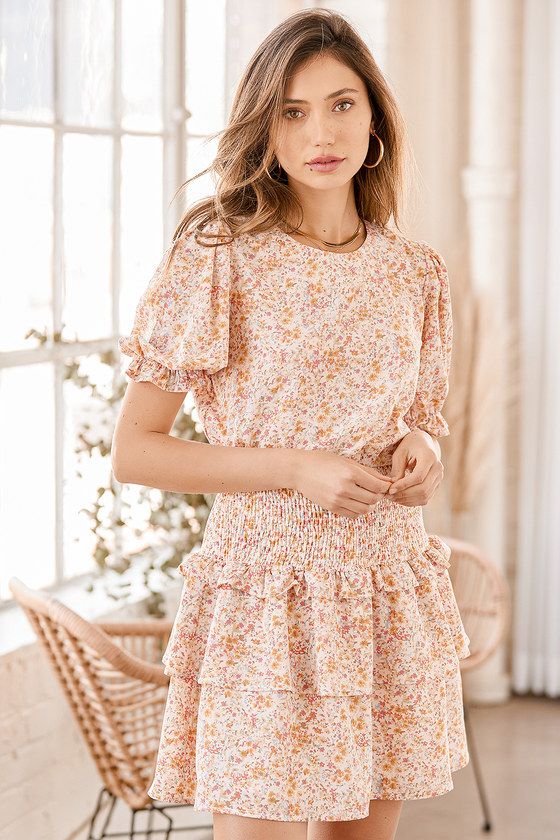 Isn't She Darling Blush Floral Print Puff Sleeve Mini Dress | Lulus (US)