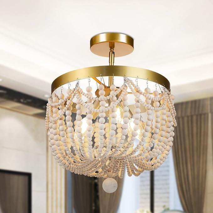 3 Light Boho Wood Beaded Chandelier Oak Finish Semi Flush Mount Ceiling Light Fixtures Rustic Min... | Amazon (US)
