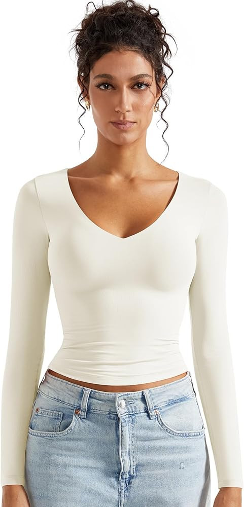 SUUKSESS Women Double Lined Casual V Neck Crop Tank Tops Basic Long Sleeve Shirts | Amazon (US)
