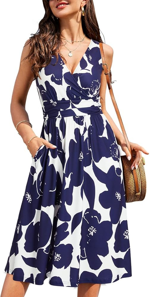 OUGES Women's Summer Spaghetti Strap V-Neck Floral Short Party Dress with Pockets | Amazon (US)