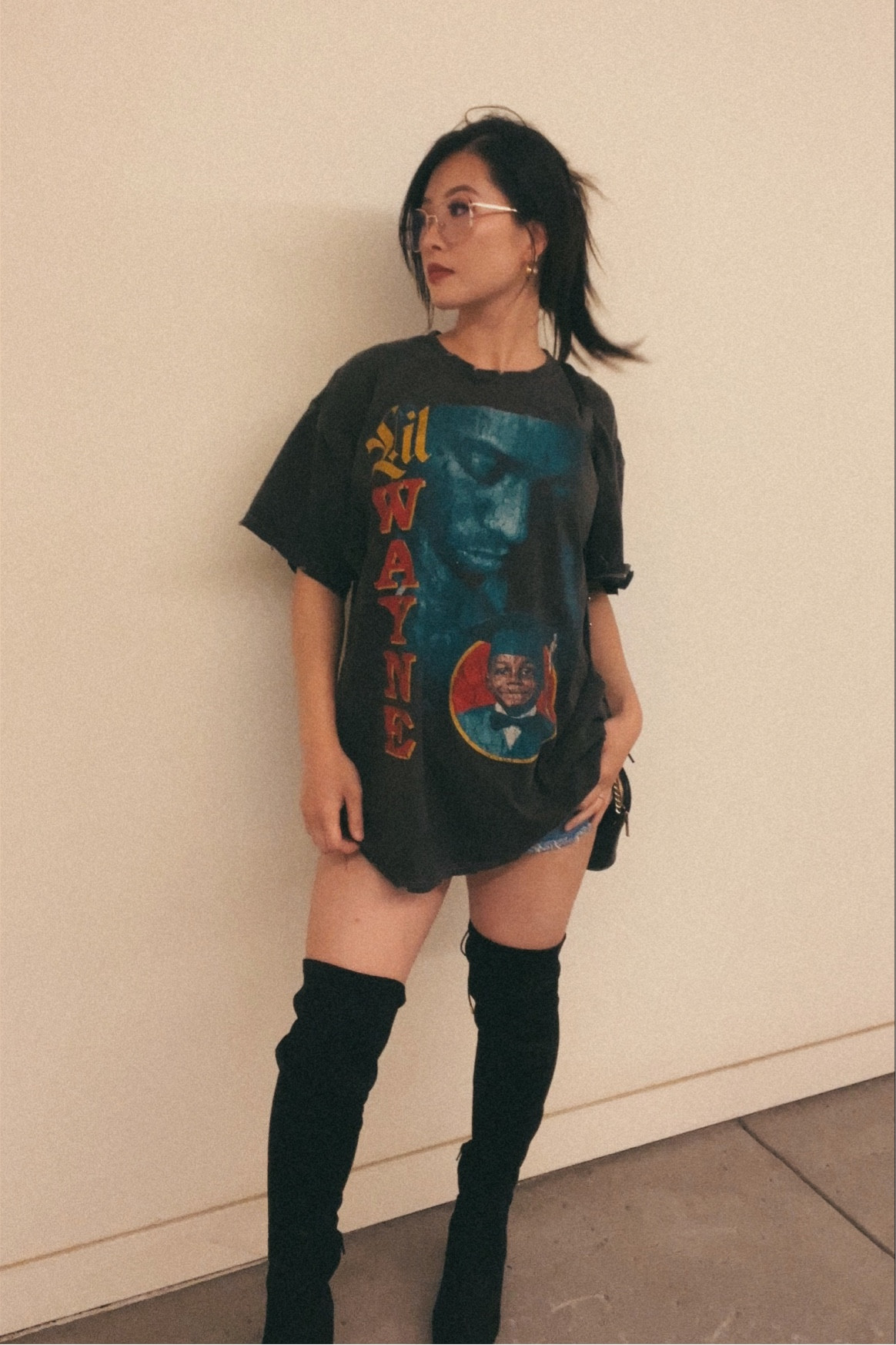 Lil Wayne Oversized T-Shirt, Urban Outfitters, Black Suede Thigh High Boots, Chinese Laundry, Kate Spade Crossbody Bag, Levi Distressed Denim Shorts, Streetwear, Oversize Tee Outfit

#LTKstyletip #LTKfit #LTKunder100