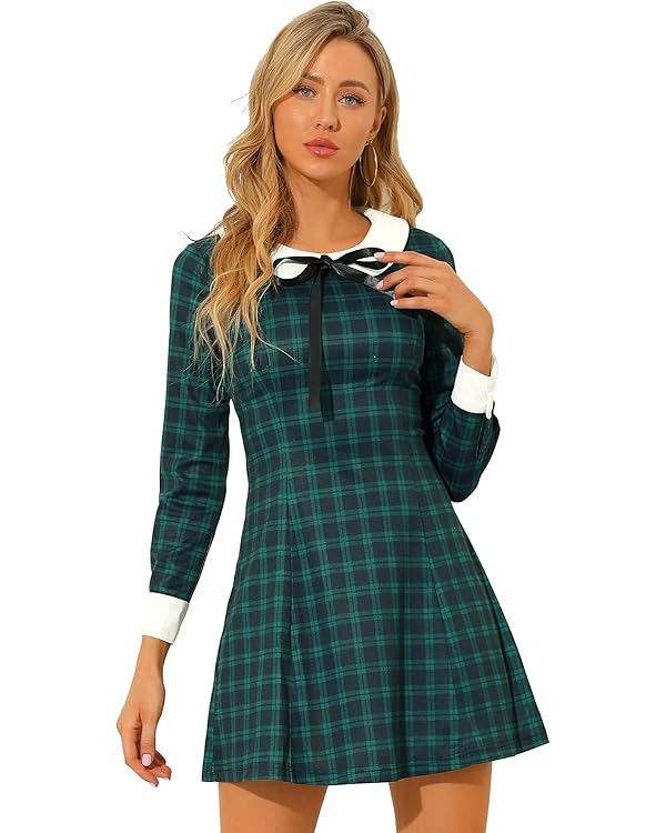 Allegra K Women's Christmas Peter Pan Collar Fit and Flare Mini Plaid Tartan Dress | Amazon (US)