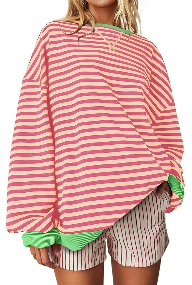 UEU Women Oversized Striped Crewneck Sweatshirt Long Sleeve Color Block Pullover Tops Casual Loos... | Amazon (US)