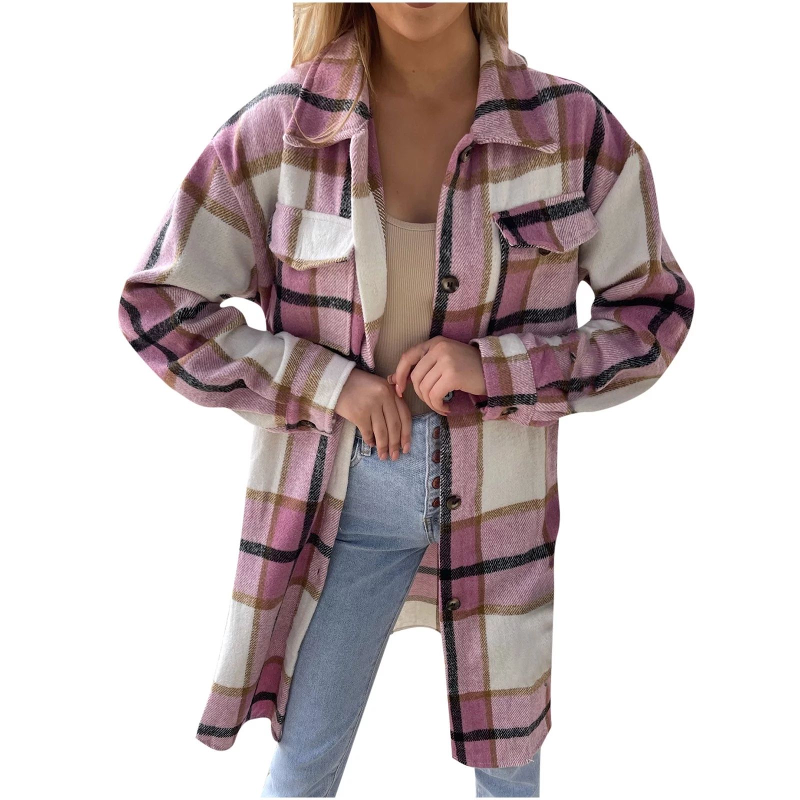 Puntoco Womens Plus Size Clearance,Women'S Winter Plush Warm Red Plaid Pocket Button Woolen Jacke... | Walmart (US)