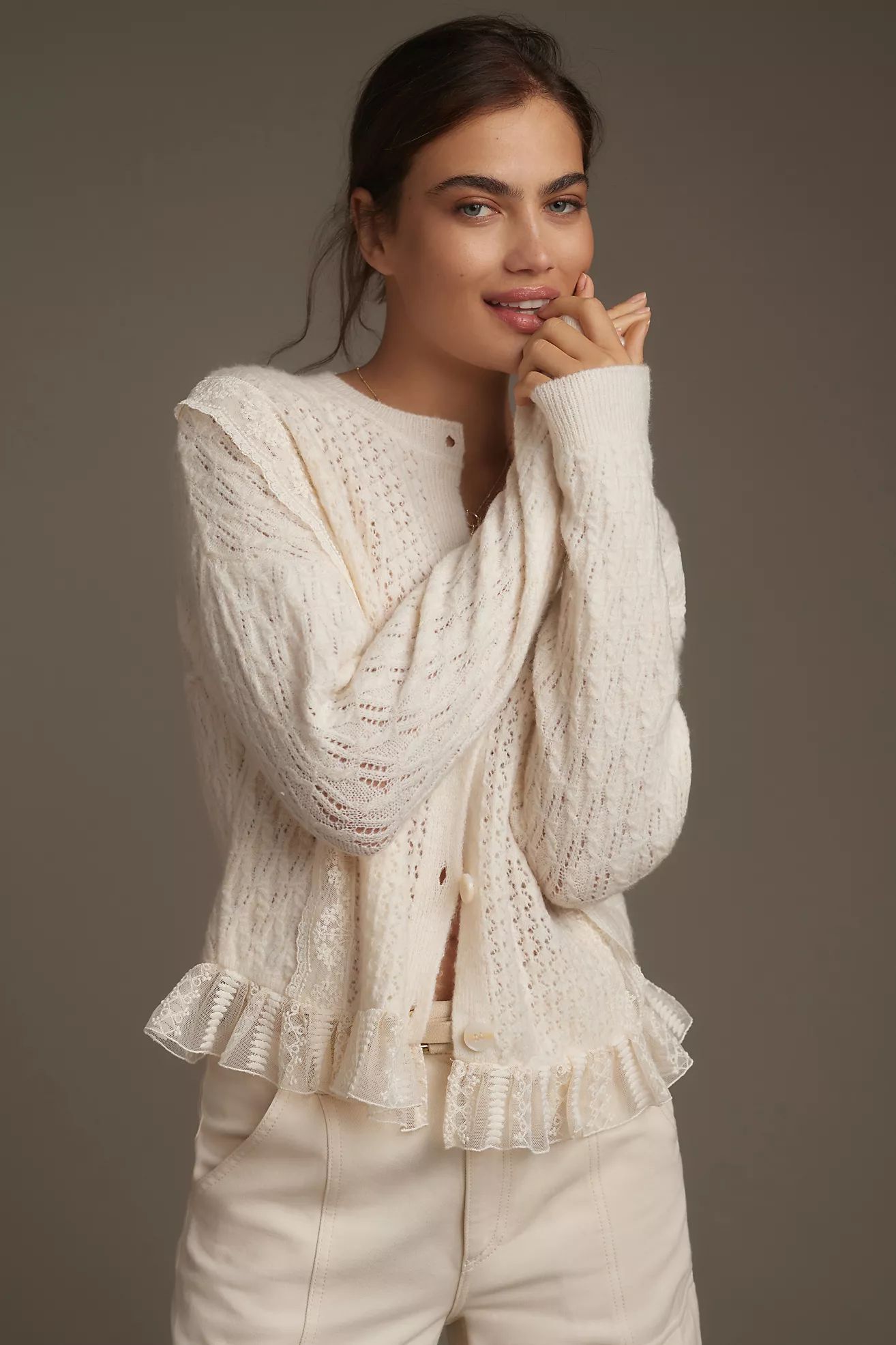 By Anthropologie Pointelle Ruffled Cardigan Sweater | Anthropologie (US)