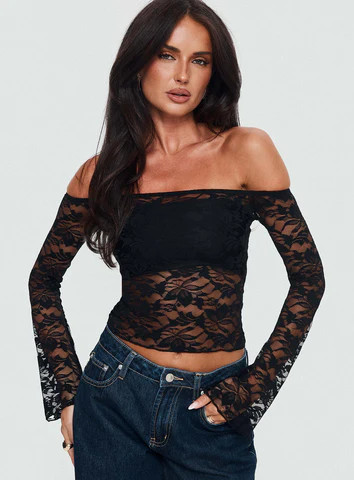 Good Judgement Off Shoulder Lace Long Sleeve Top Black | Princess Polly US