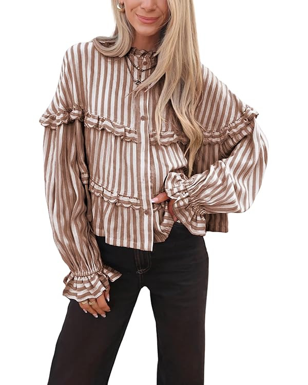 Tanming Womens Striped Button Down Shirts Ruffled Long Sleeve Stand Collar Shirt Dressy Casual Bl... | Amazon (US)