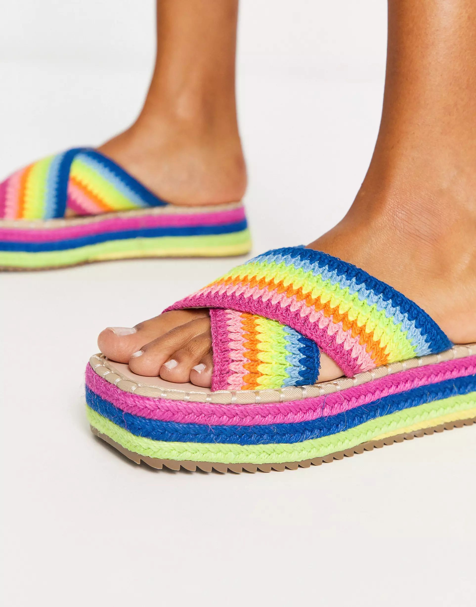ASOS DESIGN Jazlyn flatform crochet mules in rainbow | ASOS (Global)