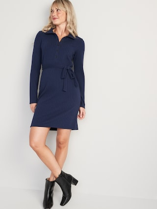 Fitted Rib-Knit Tie-Belt Long-Sleeve Mini Polo Dress for Women | Old Navy (US)