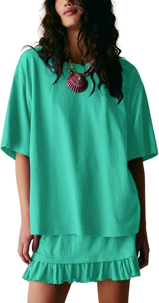 Esmeling Women Summer 2 Piece Skirt Sets Round Neck Short Sleeve Outfits Casual Tops and Pleated ... | Amazon (US)