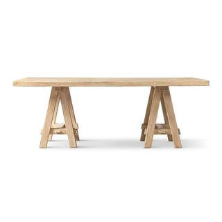 Hawthorne Heritage Medium-Dark Brown Solid Reclaimed Elm Wood 84 in. Trestle Double Pedestal Dining Table Seats 8 | The Home Depot