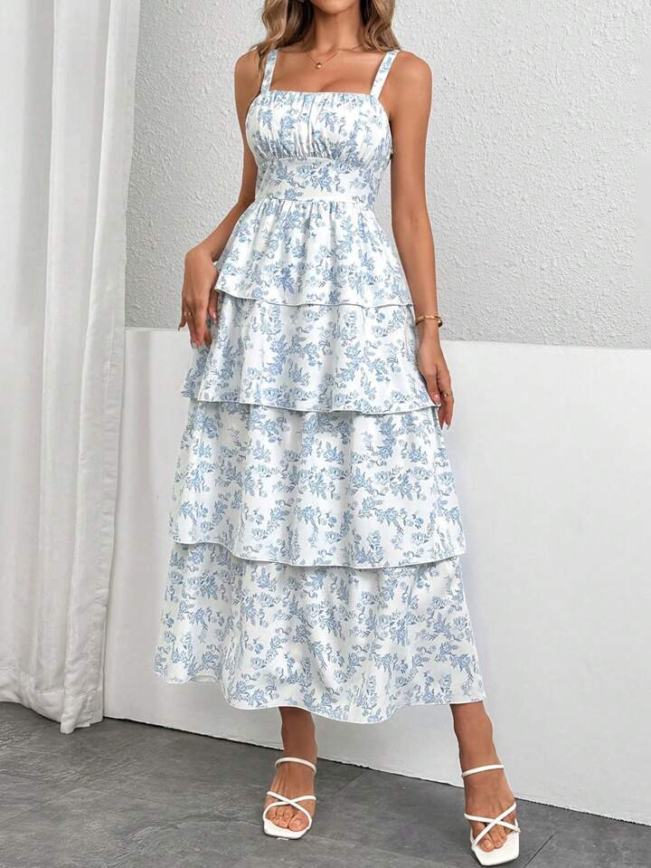 SHEIN Privé Elegant Floral Allover Print Waist-Cinching Spaghetti Strap Dress For Women, Summer | SHEIN