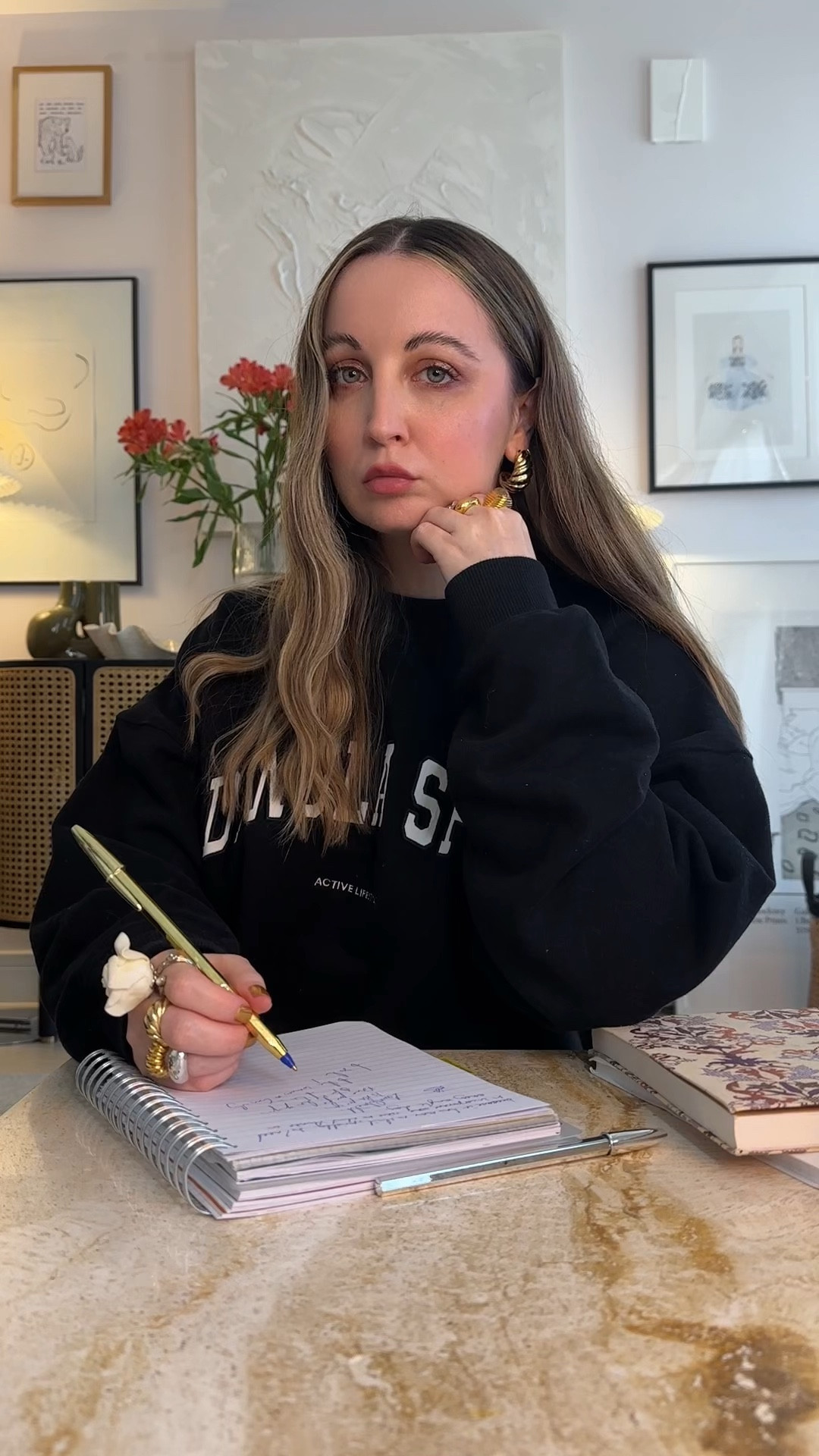 My cosy but slightly elevated working from home look 🖤🖤
Adanola sweater | Loungewear sweatshirt | Black logo jumper | Gold pen stationery | Oversized earrings | Ring stacking | Charlotte Tilbury makeup 

#LTKuk #LTKeurope #LTKworkwear