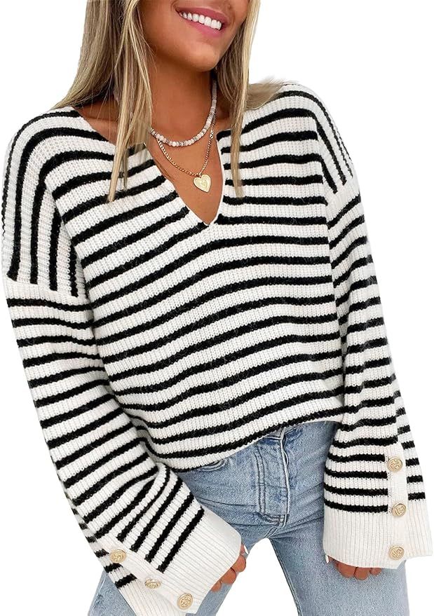 LILLUSORY Womens Striped V Neck Batwing Long Sleeve Chunky Sweater | Amazon (US)