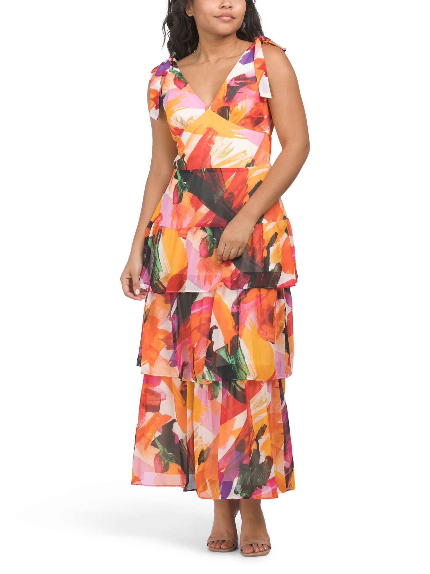 Tie Shoulder Abstract Print Tiered Maxi Dress | Casual Dresses  | Marshalls | Marshalls