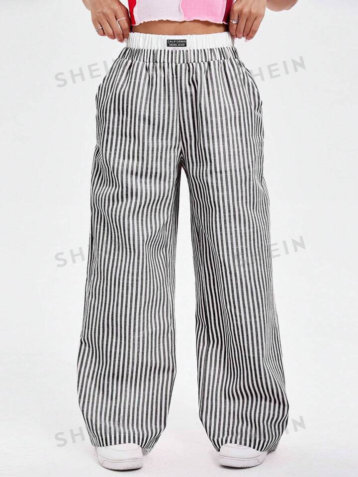 SHEIN MOD Leisure Weave Elastic Waist Striped Loose Wide Leg Pants | SHEIN