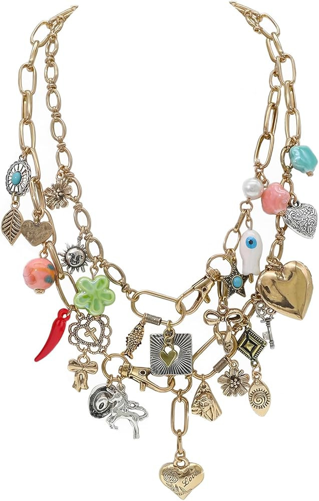 JNF Chunky Layer Heart Charm Necklace for Women Boho Heart Sun Flower Key Coins Charms Necklaces ... | Amazon (US)
