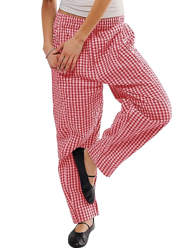 Women's Plaid Pant Gingham Lounge Pants Wide Leg Mid Rise Elastic Waist Checkered Long Trousers w... | Amazon (US)