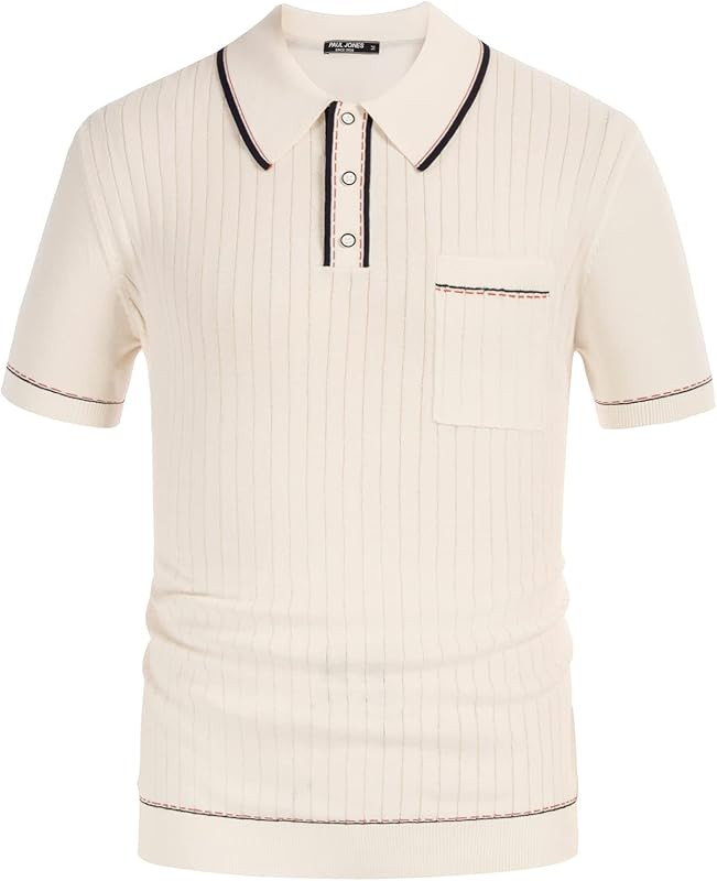 PJ PAUL JONES Men's Short Sleeve Knit Button Polo Shirts Casual Pullover Golf Shirt with Pockets | Amazon (US)