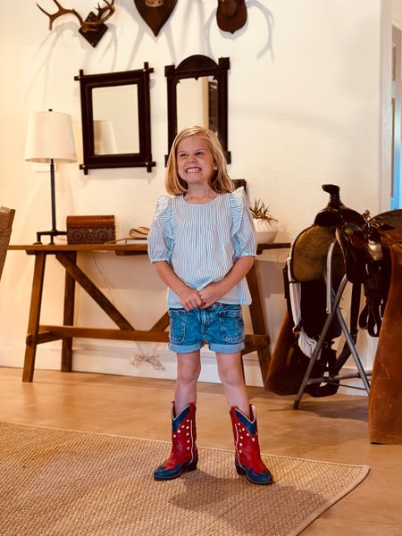 Bizzys outfit was too cute this morning so I asked if I could take her picture- this is the face I got 😂🤷🏼‍♀️ 
The shorts are ADORABLE and I wish they came in my size. They come blue and white and are on 40% off right now! I’m ordering more in bigger sizes for coming summers.
Her shirt is past season and her boots are vintage but tagging what I can ❤️

#LTKfamily #LTKSeasonal #LTKkids