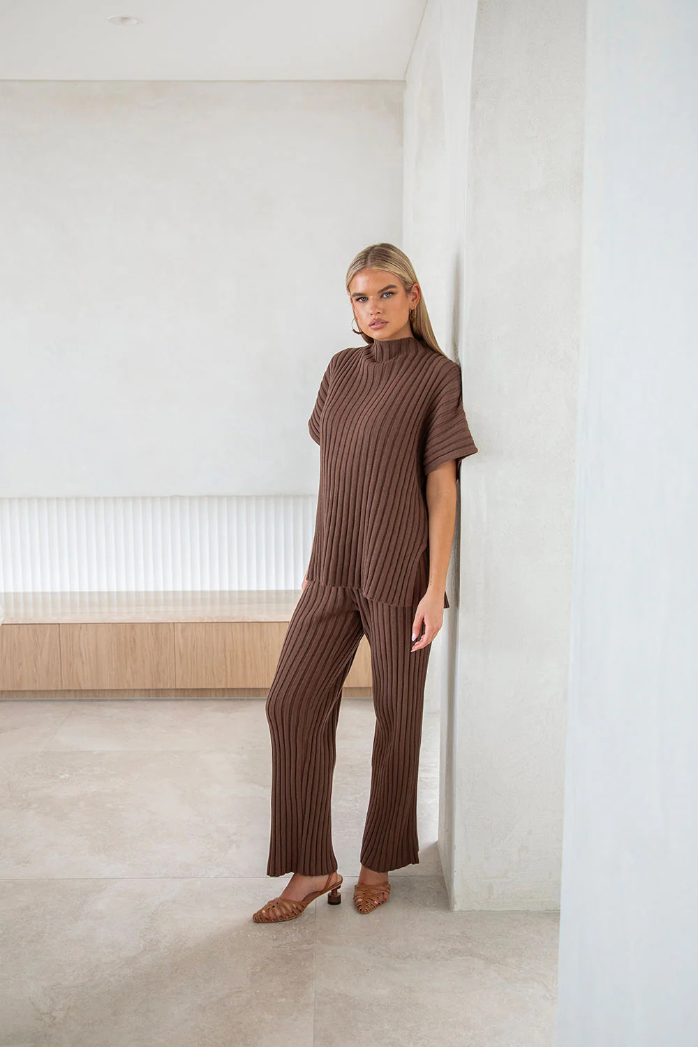 Chocolate Brown Ribbed Knit High Waist Celine Pants | Sabo Skirt US