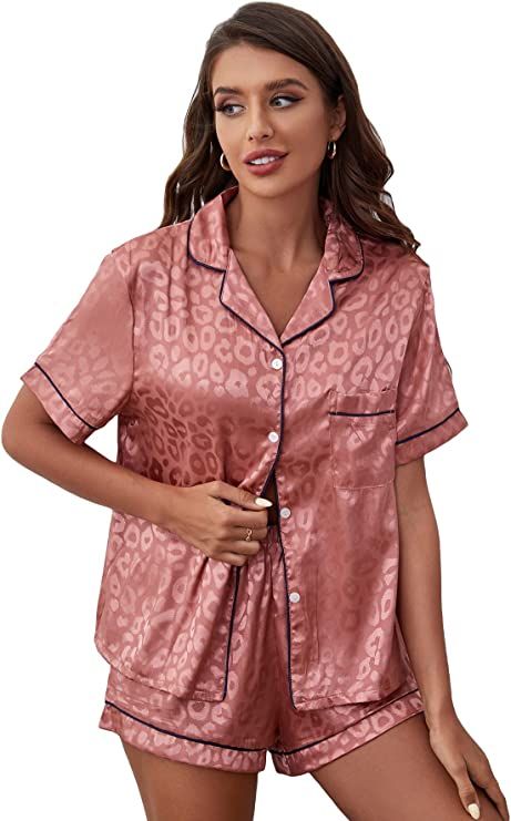 Romwe Women's 2 Piece Satin Pajama Set Short Sleeve Button Down Shirt and Shorts Sleepwear | Amazon (US)