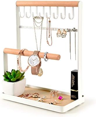 PAMANO Jewelry Stand Holder, 4-Tier Necklace Hanging Wooden Ring Organizer Earring Tray, 8 Hooks ... | Amazon (US)