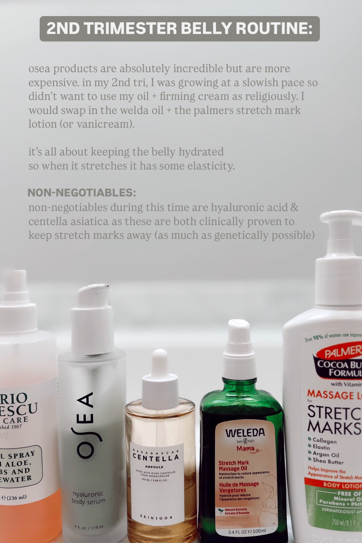 2ND TRIMESTER BELLY STRETCH MARK ROUTINE:

Keeping my bump happy and hydrated! 🤰✨ Stretch mark prevention is all about consistency—daily moisturizing, staying hydrated, and nourishing the skin from the inside out. I swear by rich creams and oils to keep my skin soft, elastic, and ready for all the changes. 🌿💙 What’s your go-to routine for keeping stretch marks at bay? #PregnancySkincare #StretchMarkPrevention #BumpCare #MamaGlow #HydratedSkin #PregnancyEssentials #SelfCareForMoms

#LTKBump #LTKBaby #LTKBeauty