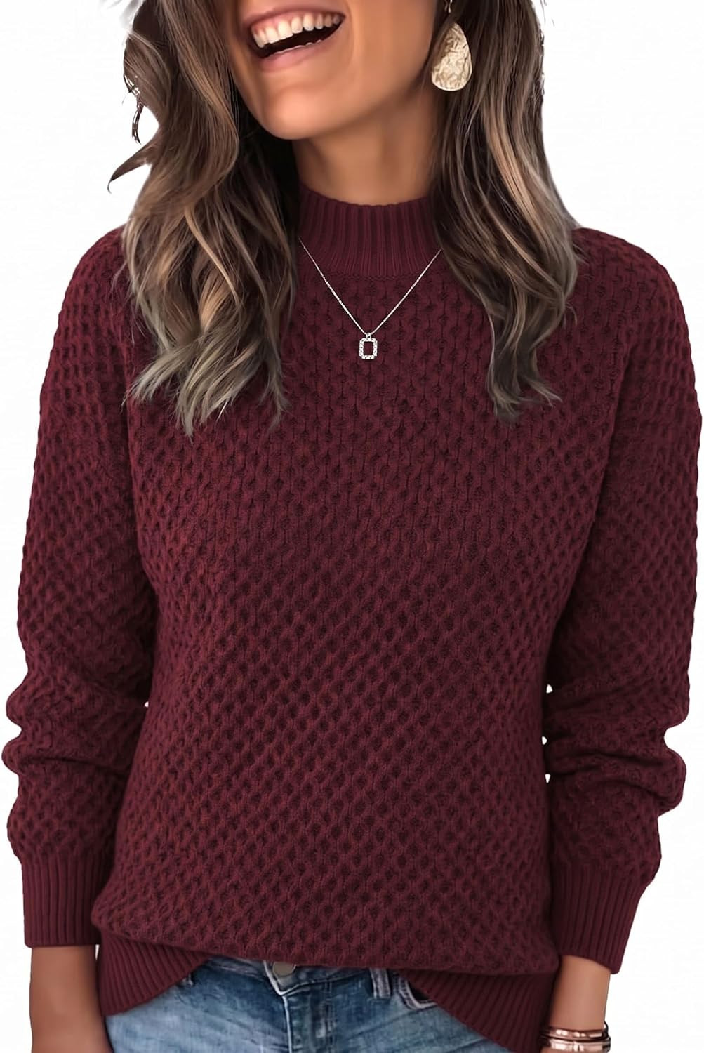 Theenkoln Women's Waffle Knit Mock Neck Long Sleeve Chunky Sweater | Amazon (US)