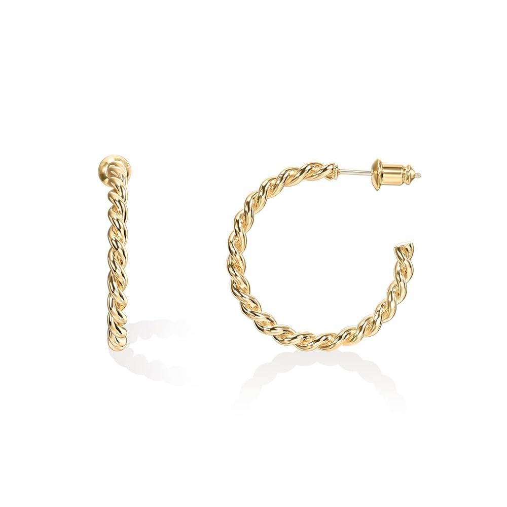 PAVOI 14K Gold Plated 2.5mm Twisted Rope Hoop Earrings for Women | Round Hoops Earrings | Amazon (US)