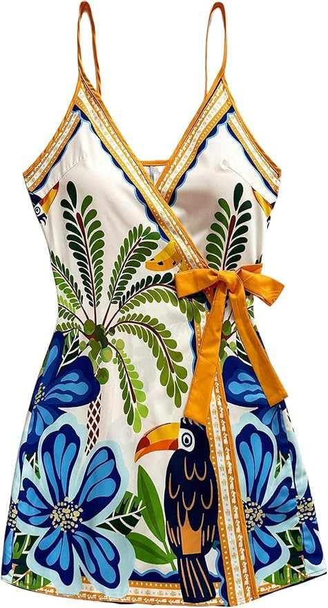 SOLY HUX Women's Tropical Print Mini Dress Summer Wrap V Neck Bow Tie Vacation Dresses | Amazon (US)