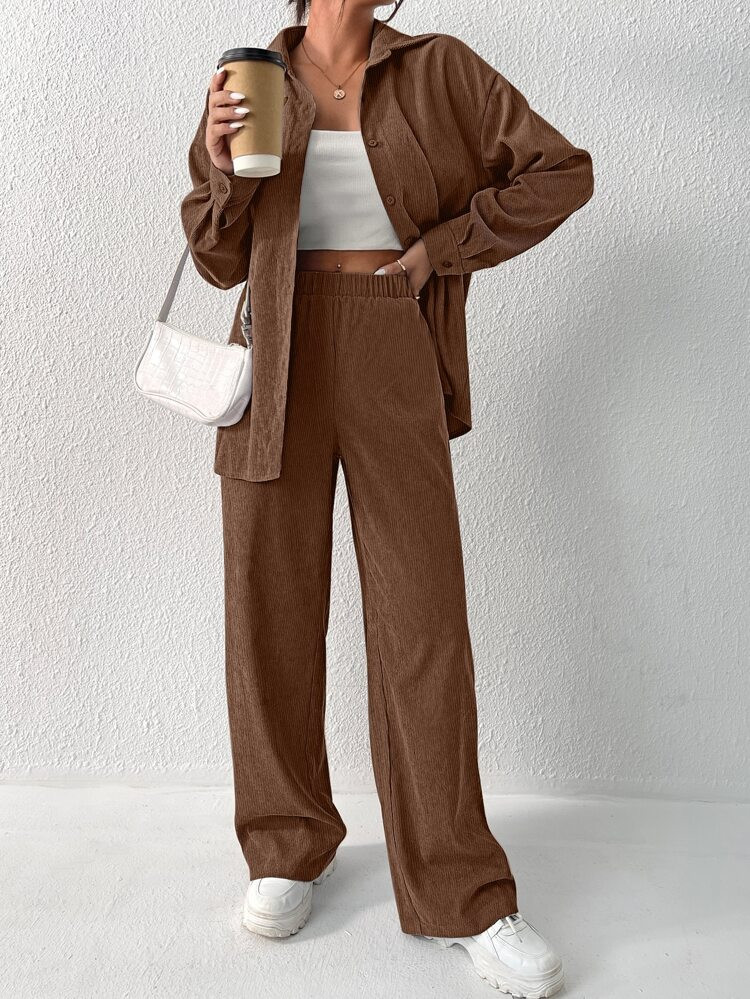Solid Drop Shoulder Shirt & Pants | SHEIN