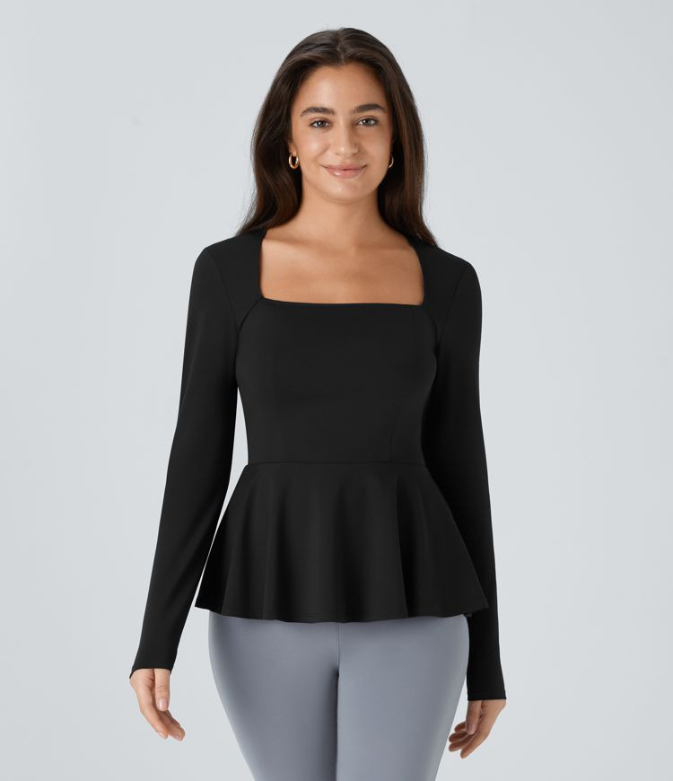 Square Neck Long Sleeve Ruffle Hem Work Top | HALARA