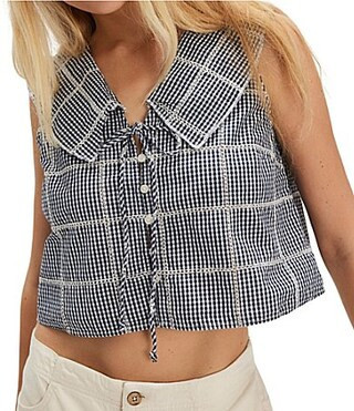 Free People Waiting For Me Plaid Print Collared V-Neck Sleeveless Cropped Top - M | Dillard's