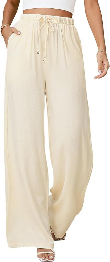 Womens Linen Pants Casual Wide Leg Pants Summer Palazzo Pants Loose Flowy Beach Pants Drawstring ... | Amazon (US)