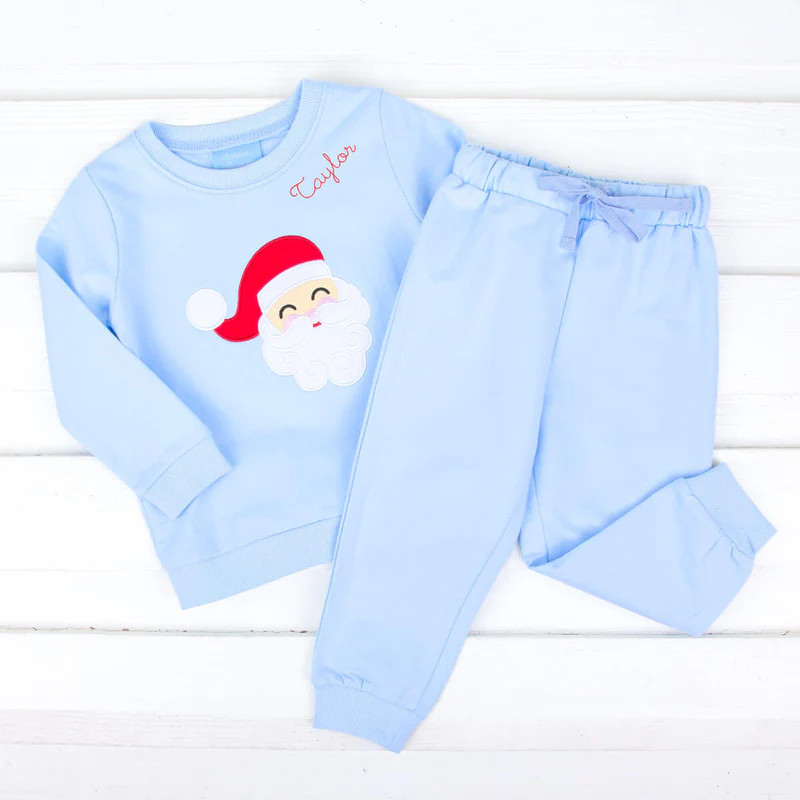 Happy Santa Applique Light Blue Jogger Set | Classic Whimsy