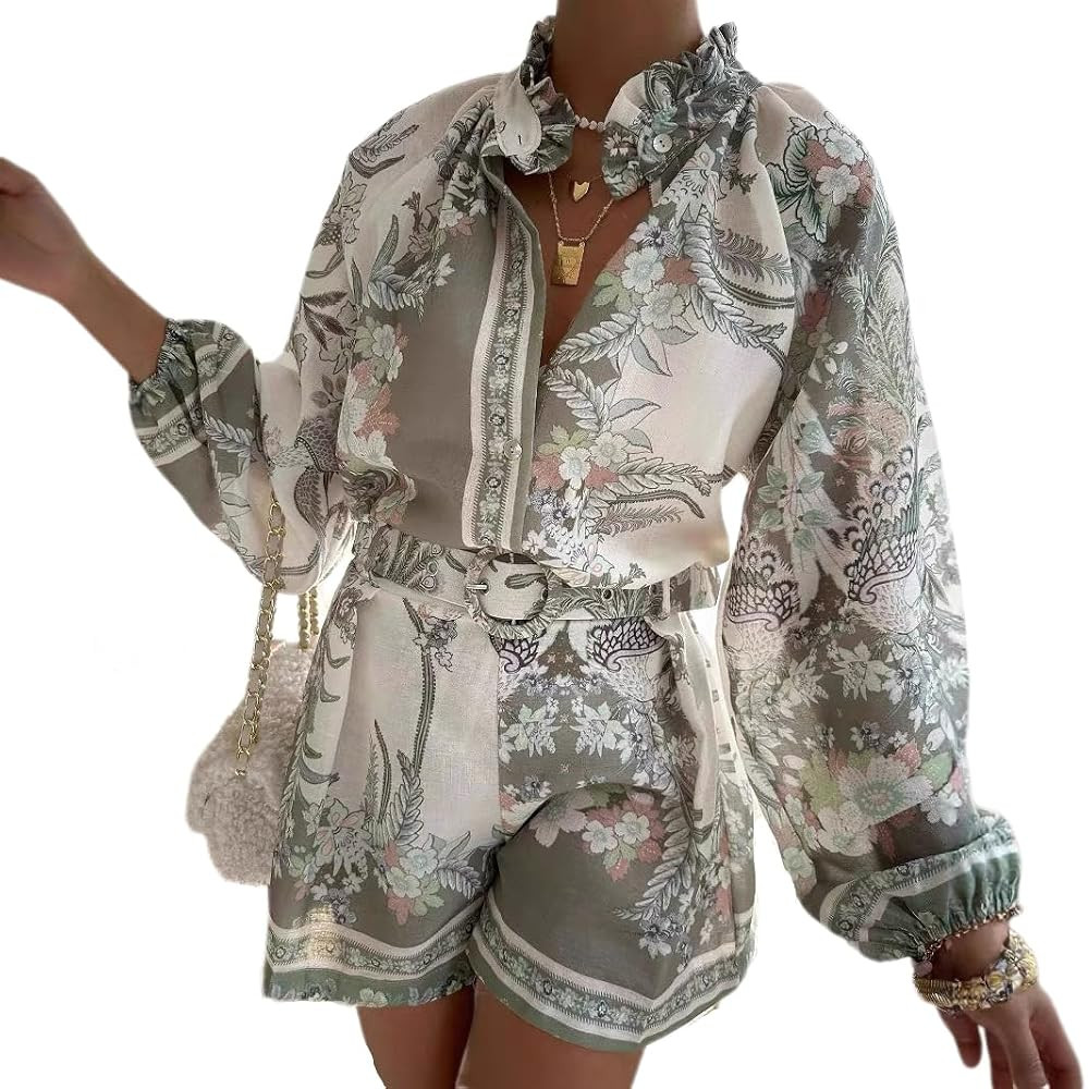 ksotutm Womens 2 Piece Outfits Boho Lantern Sleeve Button Down Floral Print Shirt Shorts Tracksui... | Amazon (US)
