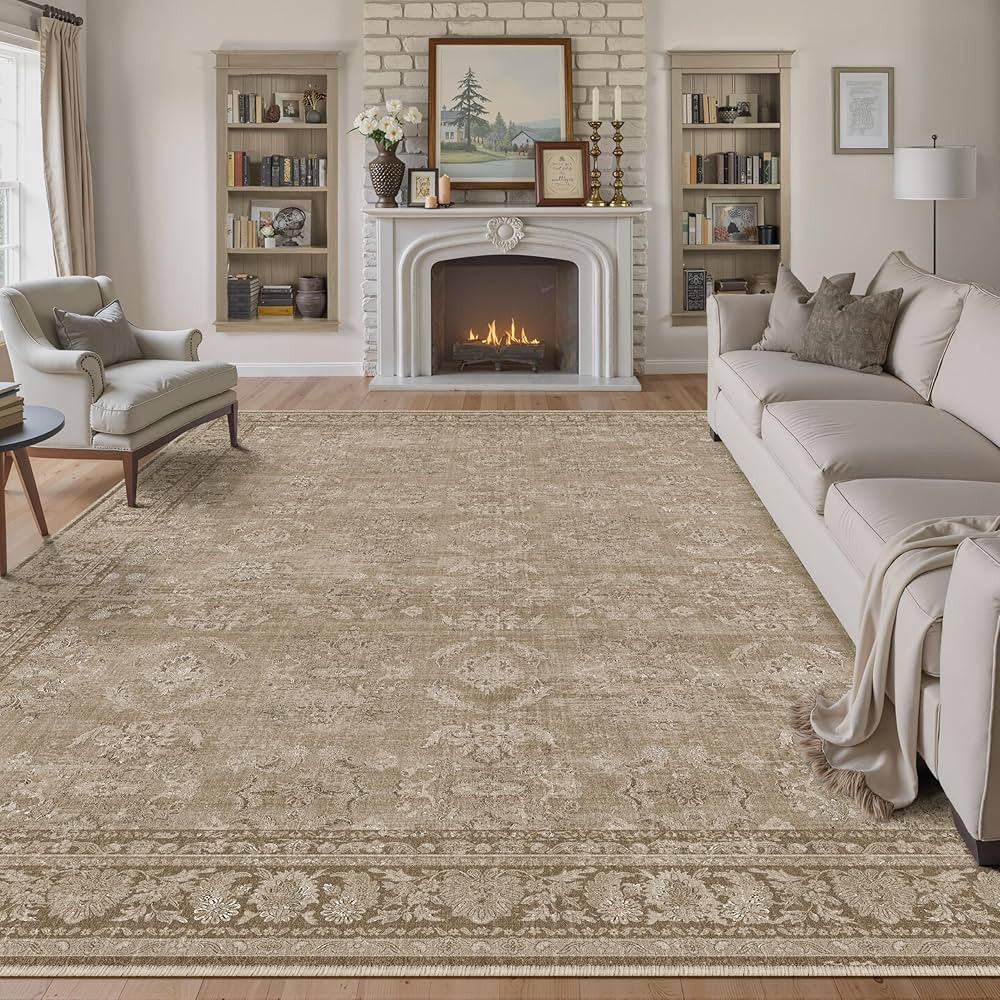 8x10 Light Brown Area Rug for Living Room Washable Vintage Distressed Carpet Large Bedroom Low Pi... | Amazon (US)