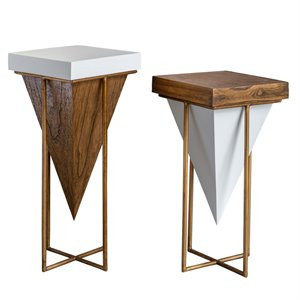 Uttermost Kanos Metal Accent Table in Gloss White and Walnut (Set of 2) | Cymax