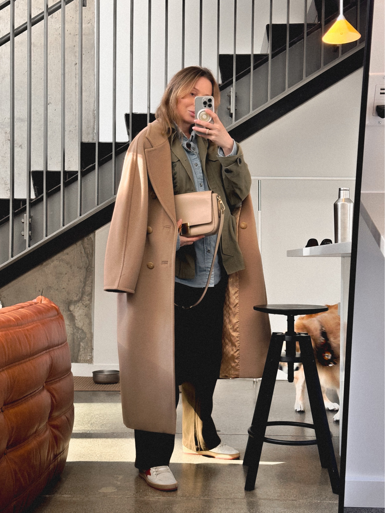 Late fall layers on the 30th maternity week: 
Madewell Denim tuckable button up shirt + Polo Ralph Lauren Cotton twill field jacket + Max Mara 101801 Madame icon coat + Buck Mason vintage interloop sweatpants + Golden Goose Ball star sneakers + my old Michael Kors flap bag (linked from my Poshmark closet) 

#LTKStyleTip #LTKBump #LTKSeasonal