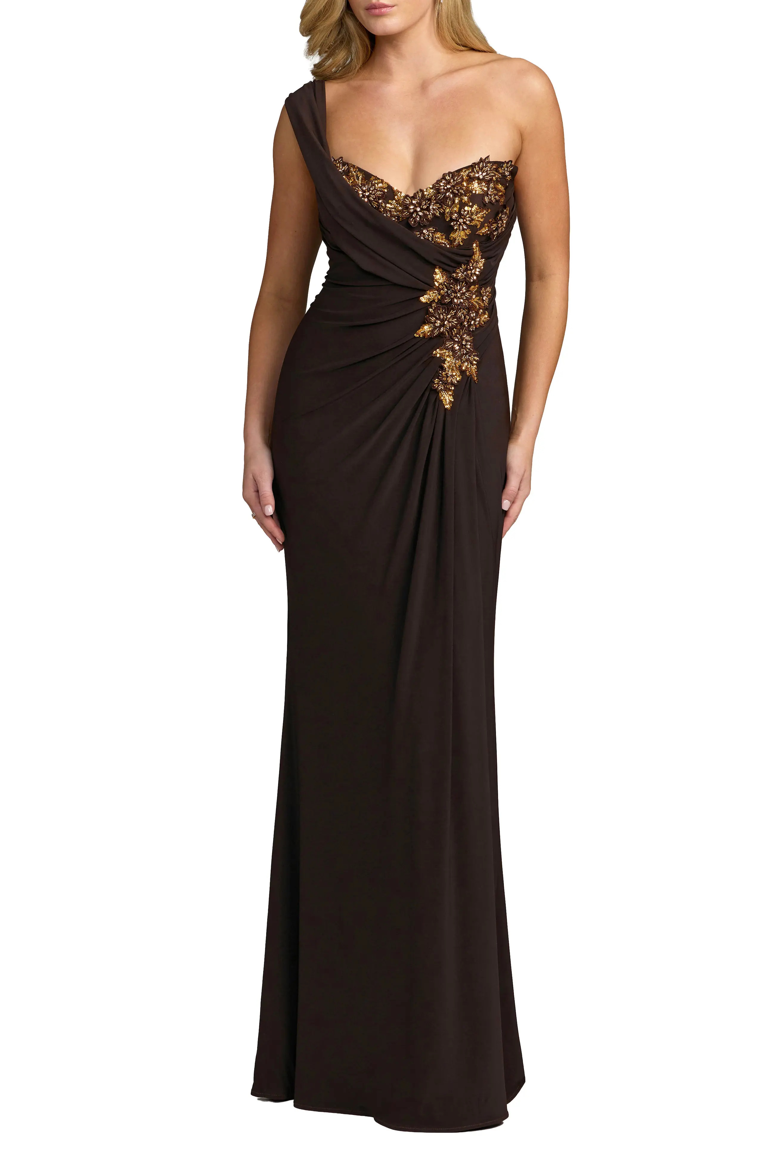 Mac Duggal One Shoulder Embellished Jersey Gown in Chocolate at Nordstrom, Size 12 | Nordstrom
