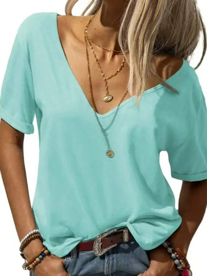 EMERY ROSE Dames zomer effen kleur V-hals casual T-shirt met korte mouwen | SHEIN