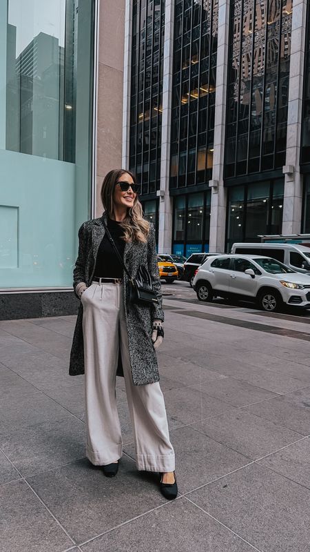 Work wear outfit idea, very elegant and casual outfit to wear to the office. Wide leg linen pants, black and white das coat. 

#LTKworkwear #LTKstyletip #LTKSeasonal