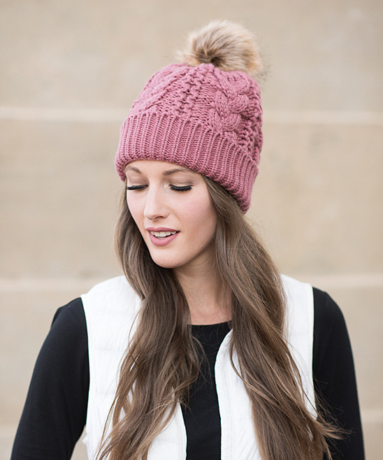 Vintage Pink Cable-Knit Faux-Fur Pom-Pom Beanie - Women | zulily