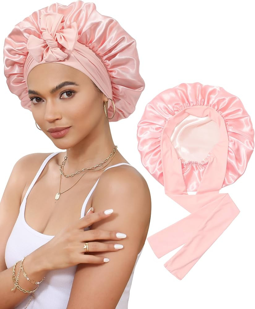 Satin Bonnet Silk Bonnet for Sleeping Silk Sleep Cap Double Layer Hair Bonnet with Elastic Tie Ba... | Amazon (US)
