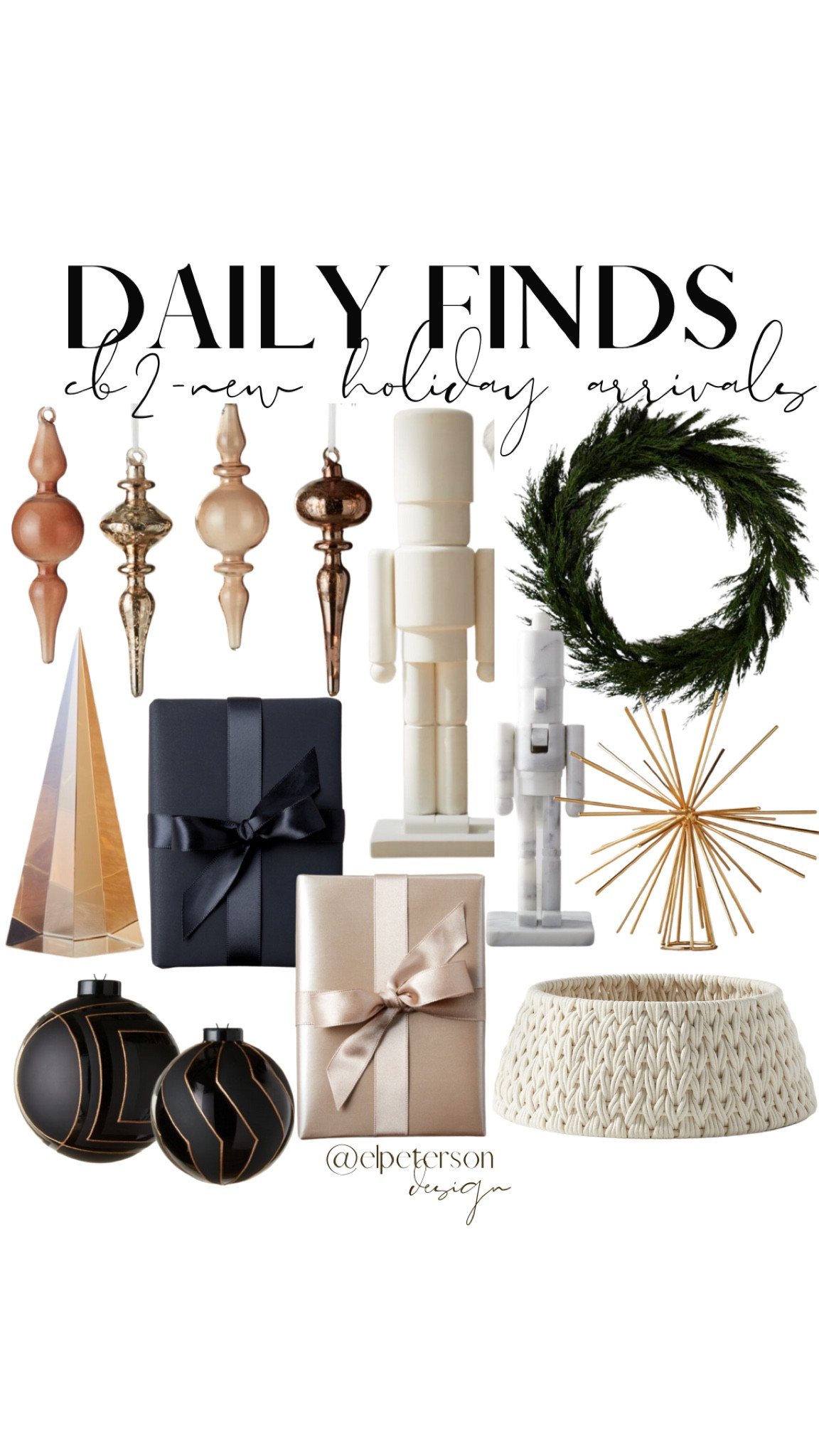 CB2 Christmas Decor 
Wreath 
Nutcrackers 
Wrapping paper 
Ornaments 
Tree skirt 


#LTKSeasonal #LTKhome #LTKunder100