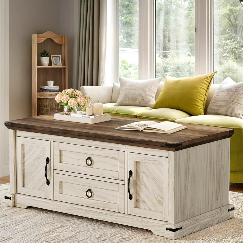 Chaelynn Farmhouse Antique Coffee Table for Living Room with Storage and 2 Drawers | Wayfair North America