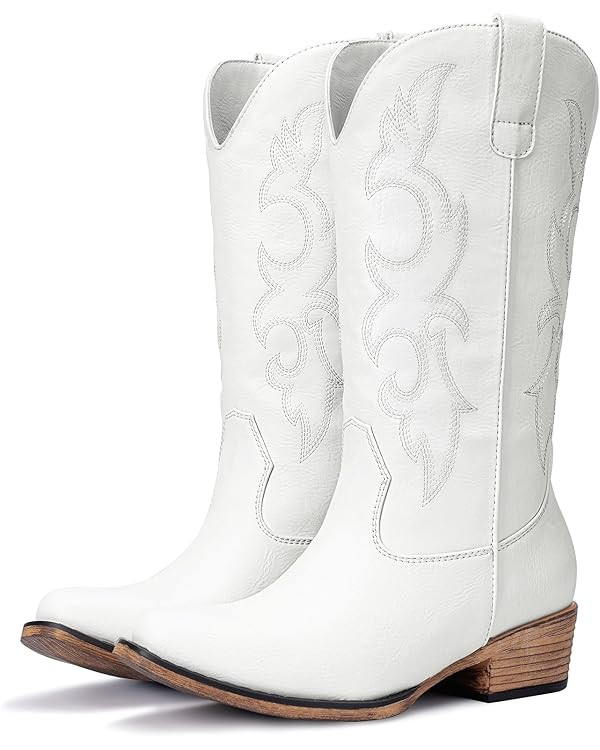 Cowboy Boots for Women - Embroidered Cowgirl Boots Western Mid Calf Fashion Chunky Heel Pointed T... | Amazon (US)