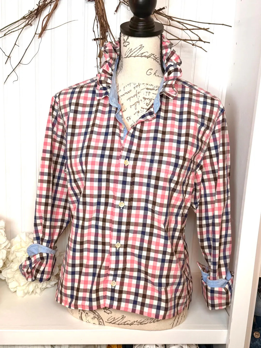 Upcycled Button Down Oxford Shirt - Pink Blue plaid, Ruffle collar Small/Medium | Etsy (US)