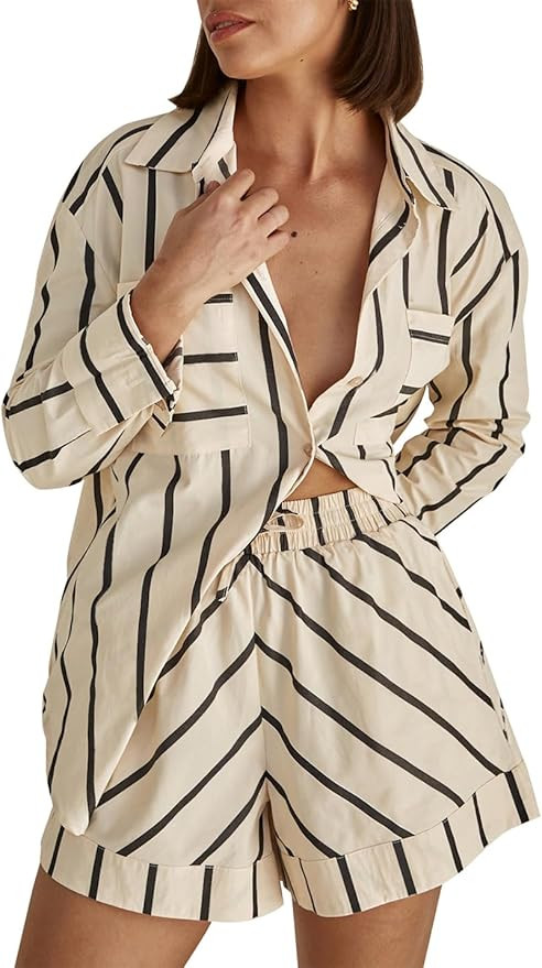 Womens Striped 2 Piece Set Button Down Shirt & High Waist Drawstring Shorts Summer Lounge Matchin... | Amazon (US)